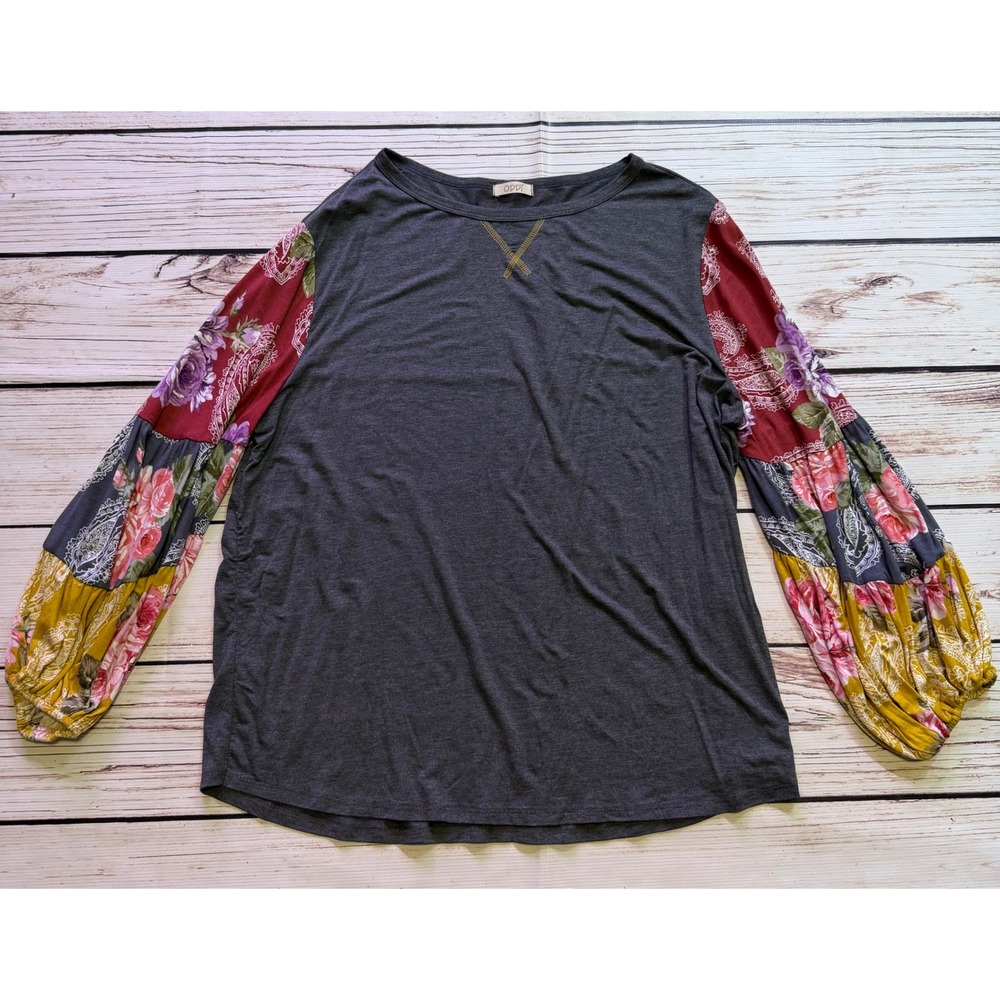 Oddi Women 3XL Boho Floral Patchwork Balloon Sleeve Top Grey
